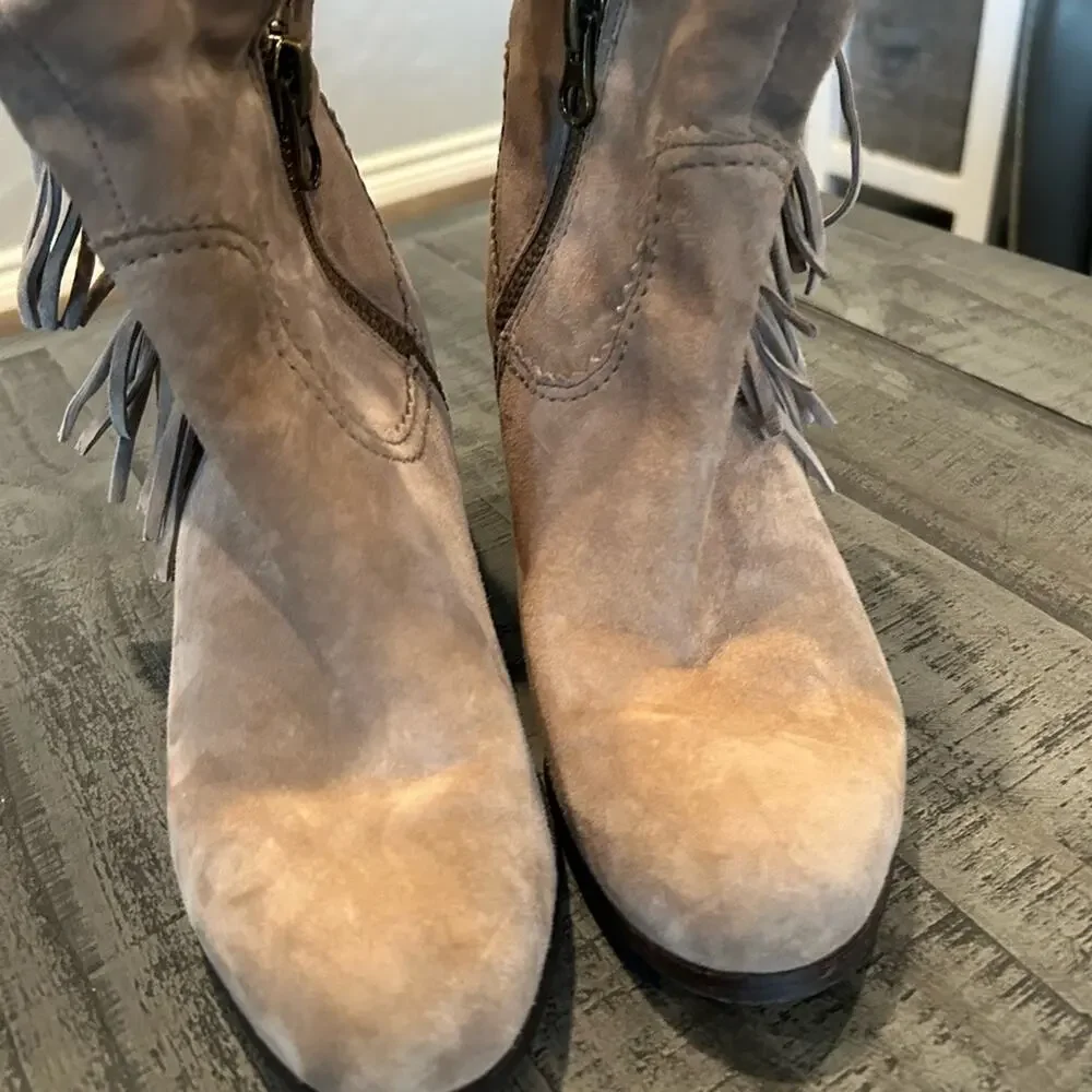 Sam Edelman Louie Tan Fringe Boho Booties Western Suede Booties - 7.5 Taupe Gray - Picture 6 of 8